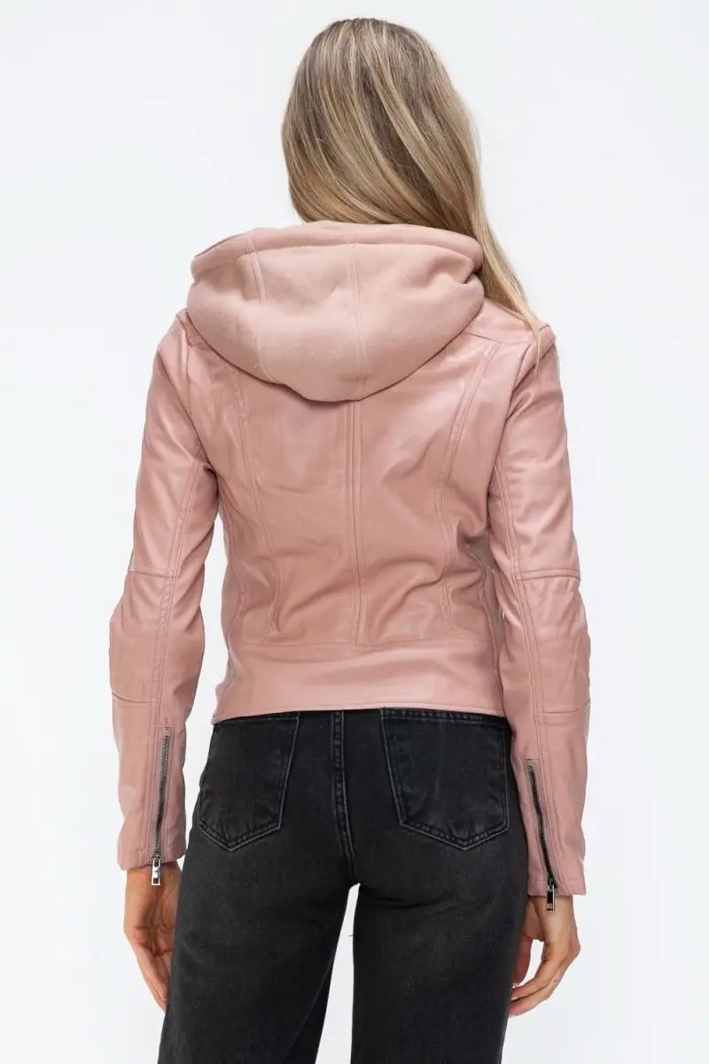Snobbish Faux Leather Zip Up Drawstring Hooded Jacket - Love Salve 