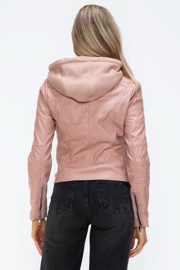 Snobbish Faux Leather Zip Up Drawstring Hooded Jacket - Love Salve