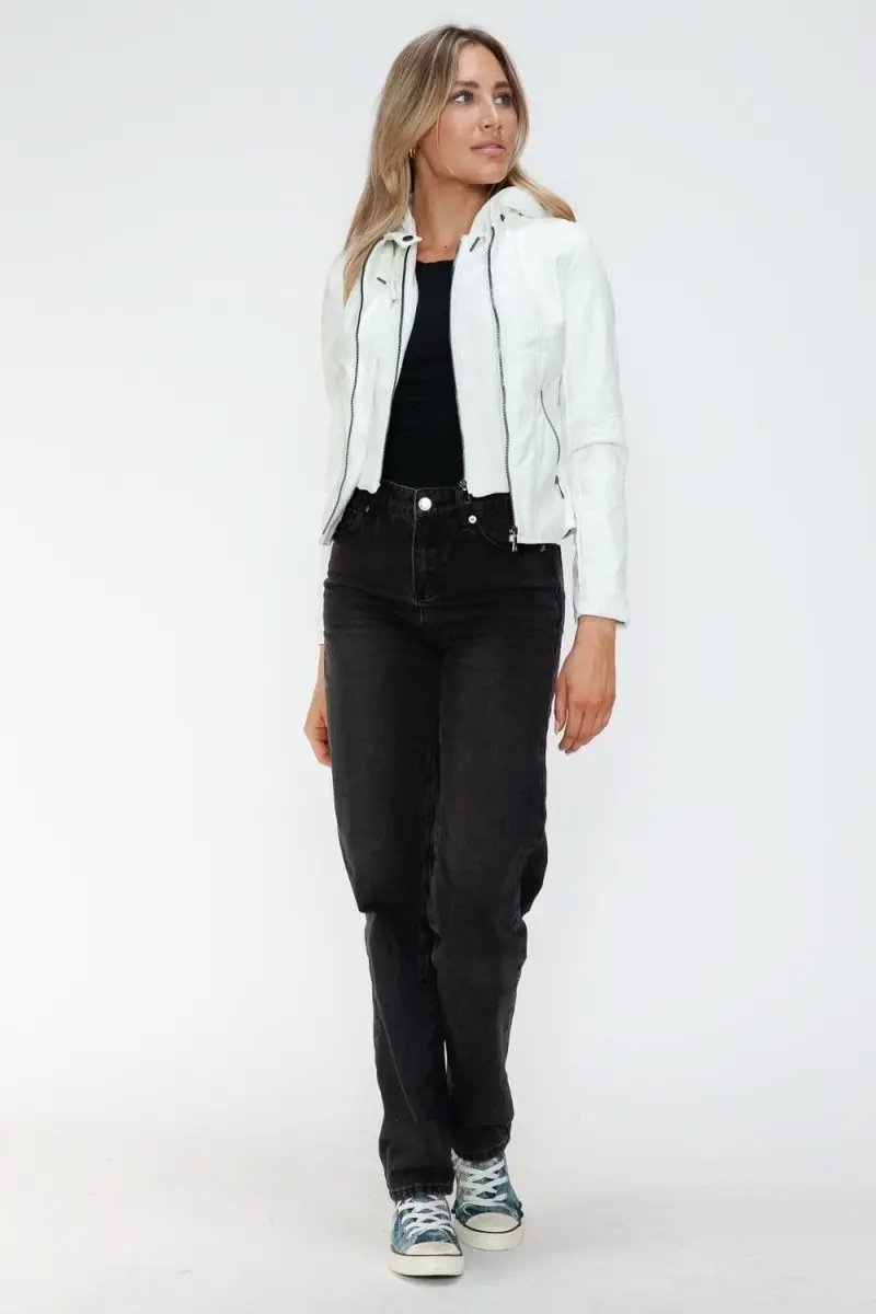 Snobbish Faux Leather Zip Up Drawstring Hooded Jacket - Love Salve 