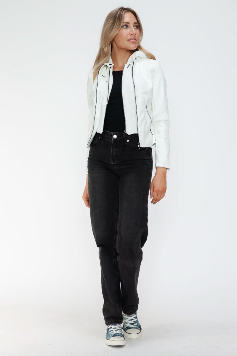 Snobbish Faux Leather Zip Up Drawstring Hooded Jacket - Love Salve 
