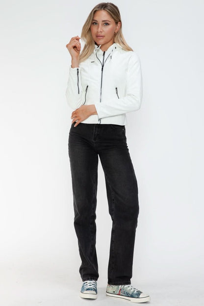Snobbish Faux Leather Zip Up Drawstring Hooded Jacket - Love Salve 