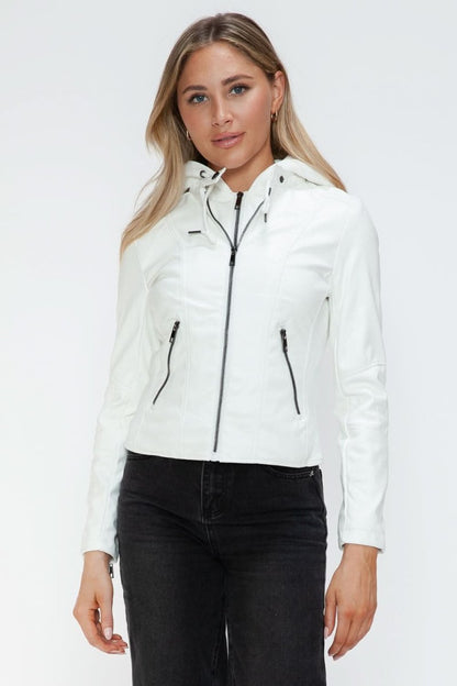 Snobbish Faux Leather Zip Up Drawstring Hooded Jacket - Love Salve 
