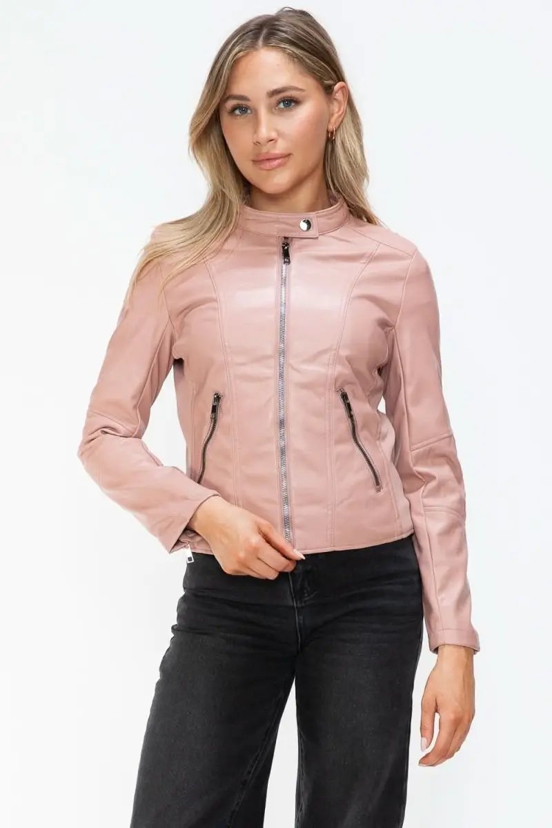 Snobbish Faux Leather Zip Up Drawstring Hooded Jacket - Love Salve 