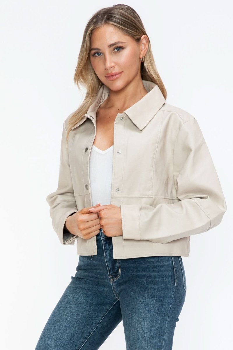 Snobbish Snap Down Long Sleeve PU Leather Jacket - Love Salve 