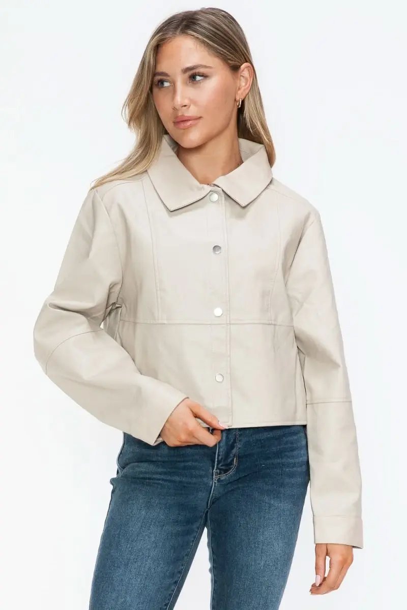 Snobbish Snap Down Long Sleeve PU Leather Jacket - Love Salve 