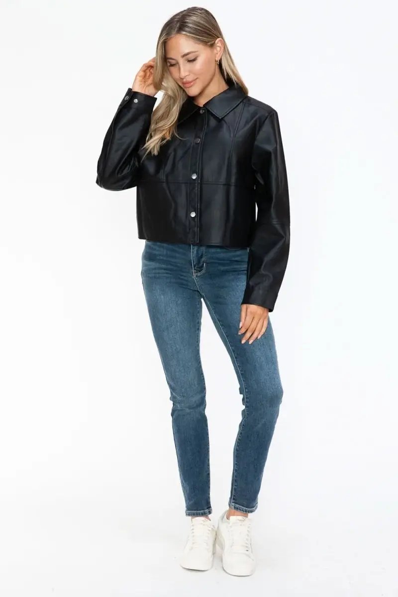 Snobbish Snap Down Long Sleeve PU Leather Jacket - Love Salve