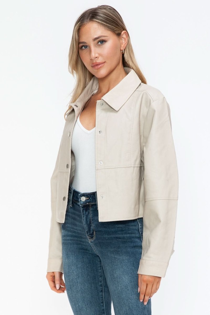 Snobbish Snap Down Long Sleeve PU Leather Jacket - Love Salve 