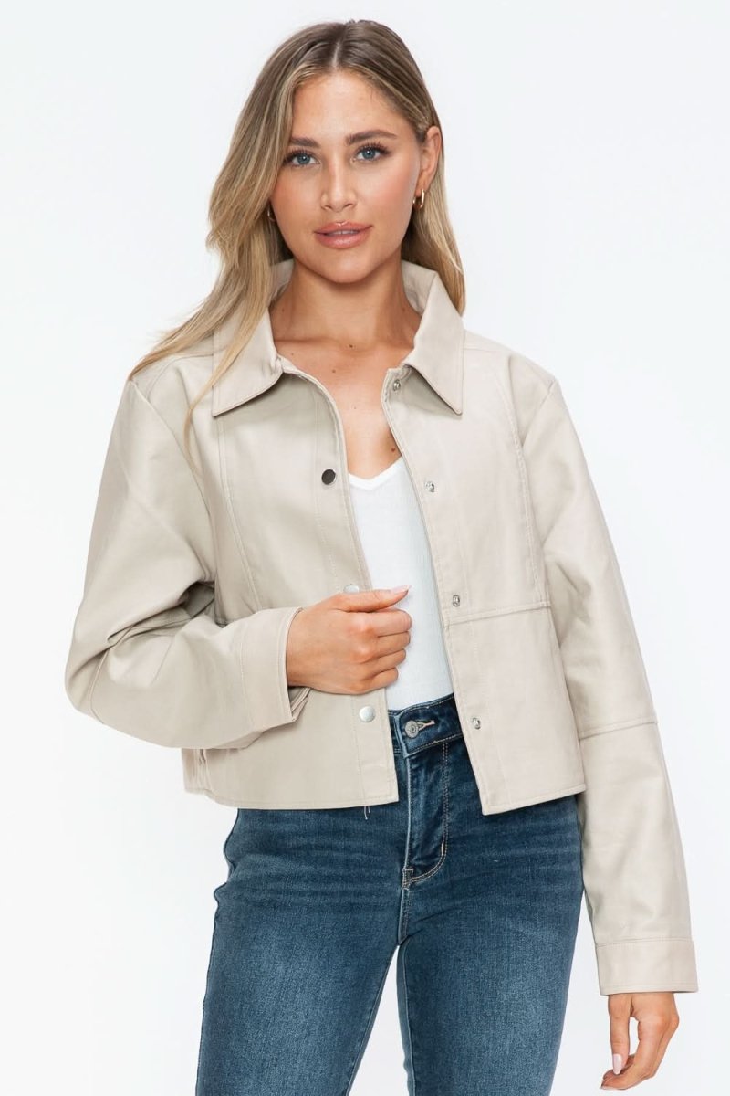 Snobbish Snap Down Long Sleeve PU Leather Jacket - Love Salve 