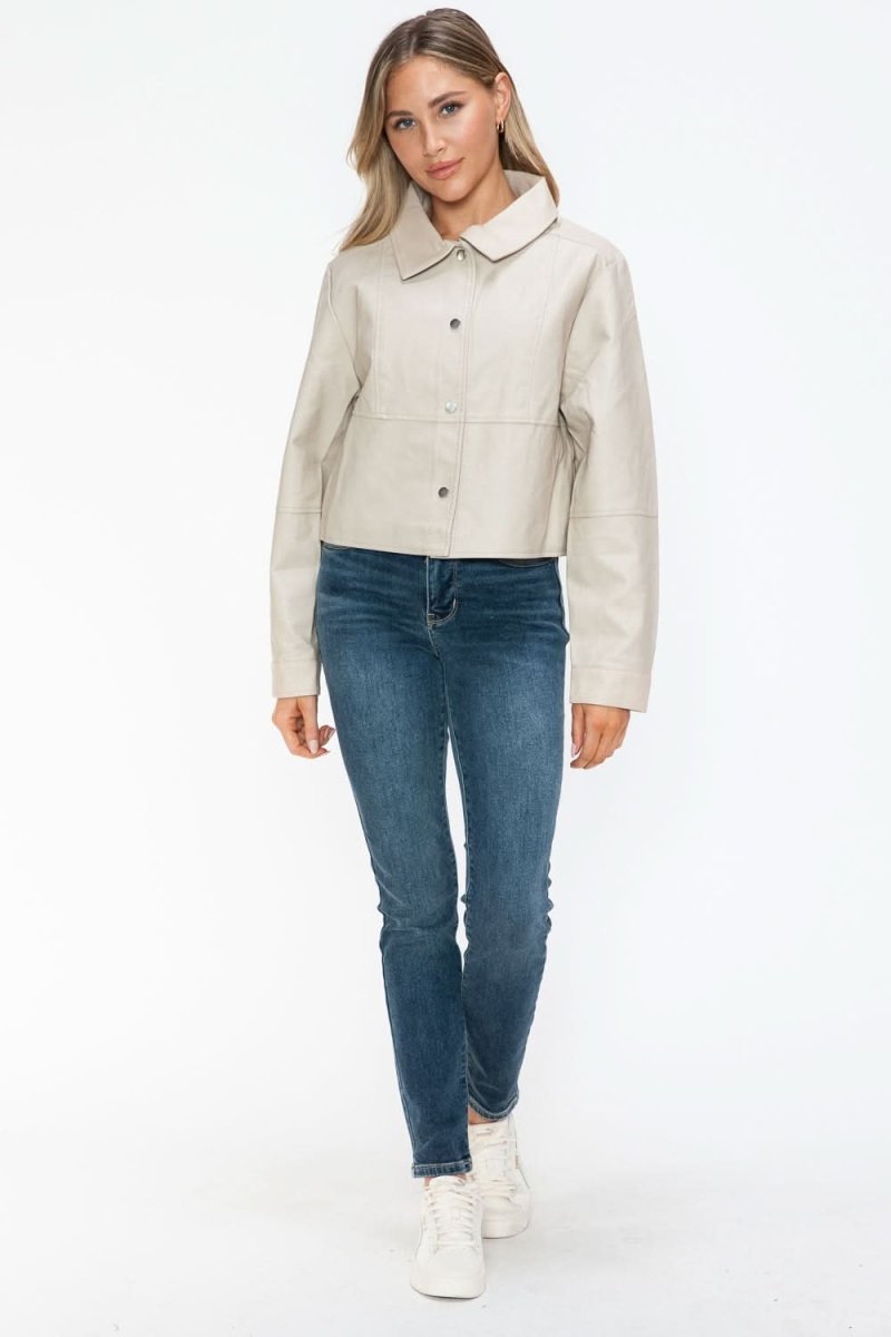 Snobbish Snap Down Long Sleeve PU Leather Jacket - Love Salve 