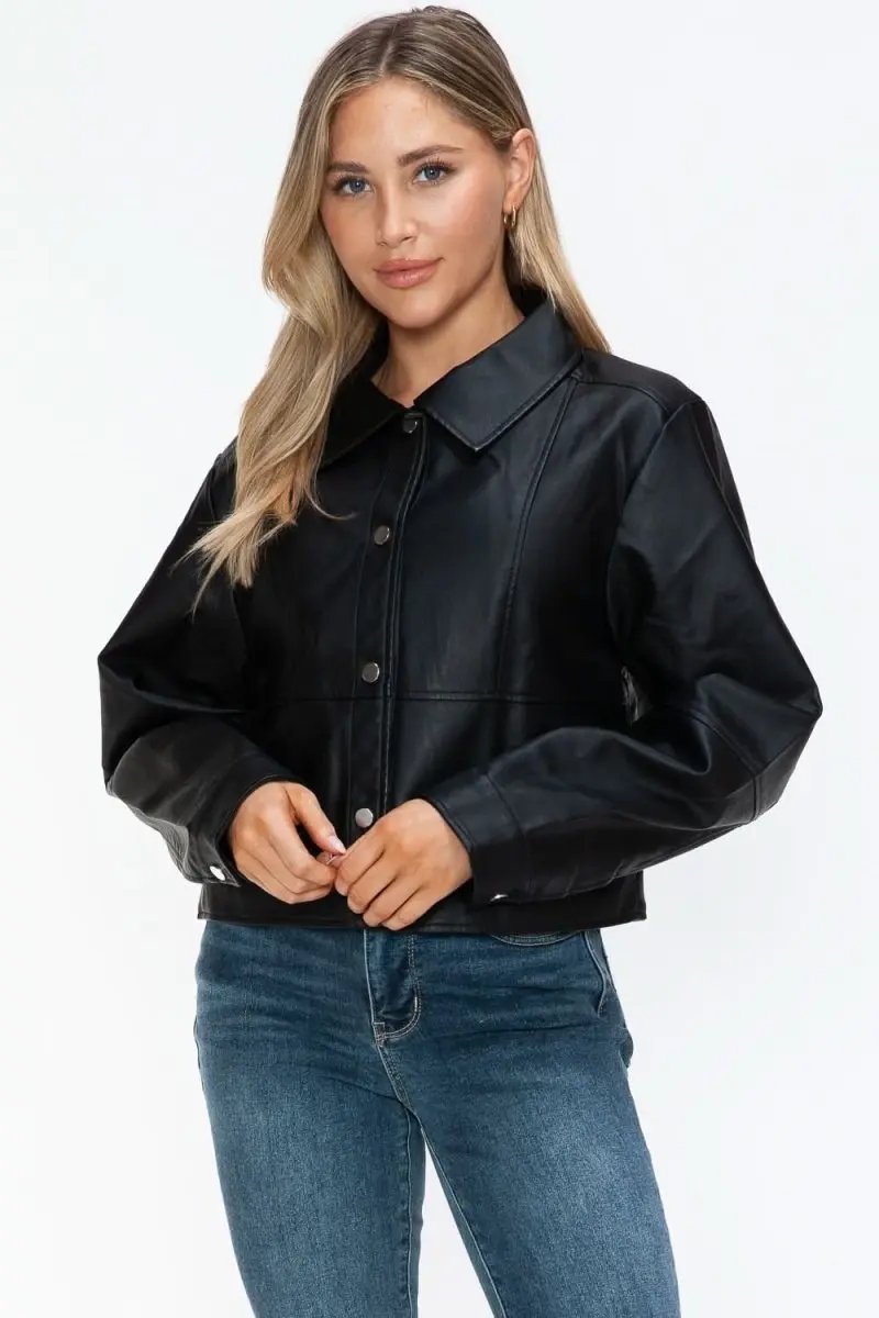 Snobbish Snap Down Long Sleeve PU Leather Jacket - Love Salve