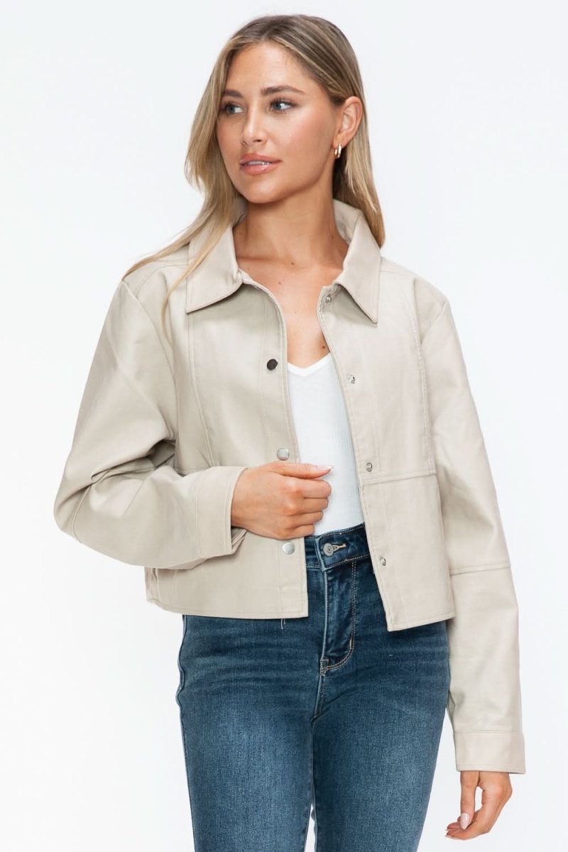 Snobbish Snap Down Long Sleeve PU Leather Jacket - Love Salve 