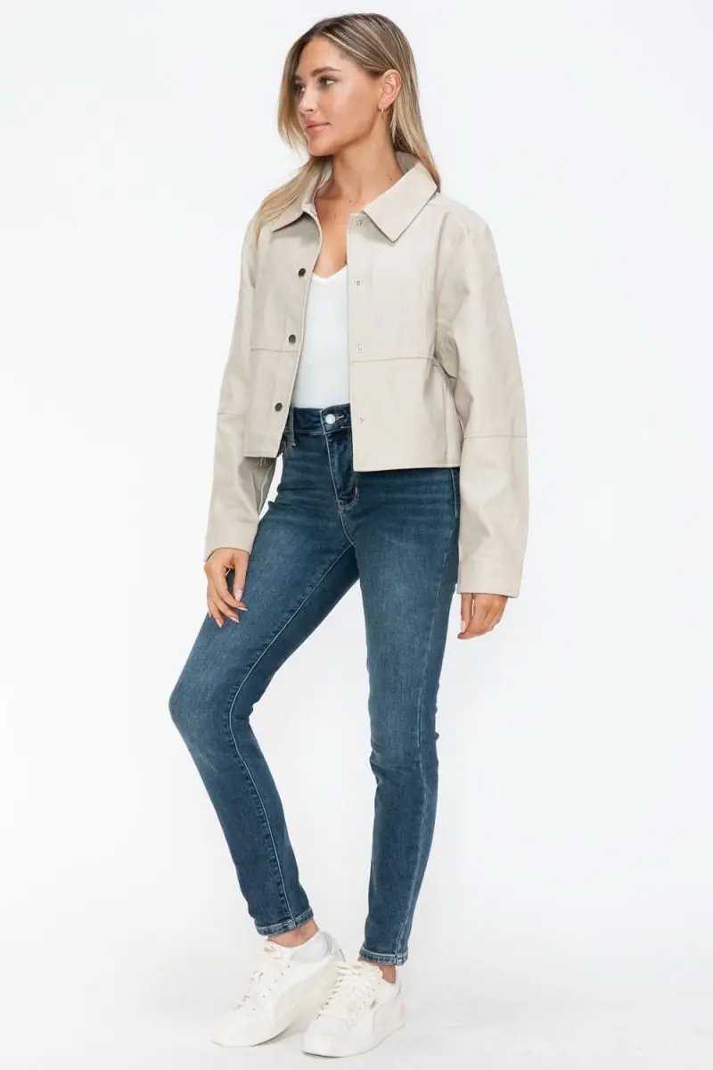 Snobbish Snap Down Long Sleeve PU Leather Jacket - Love Salve 