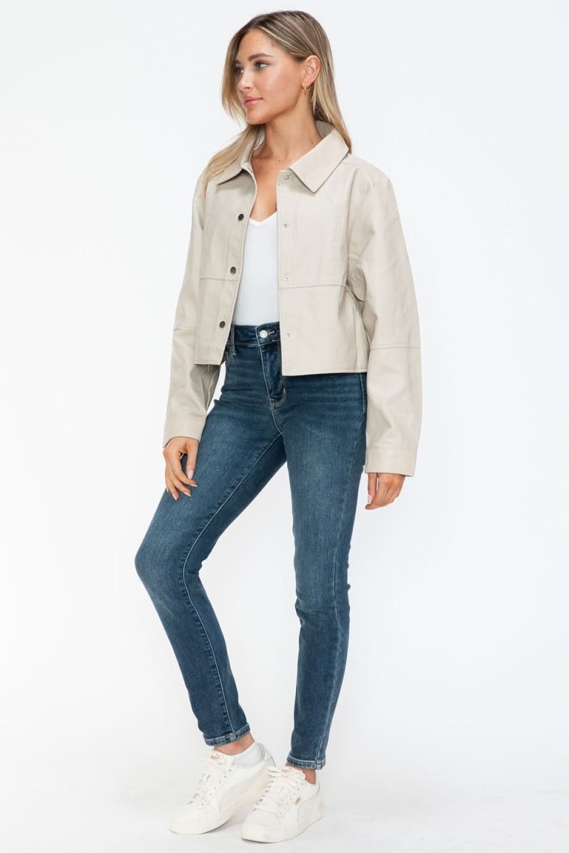 Snobbish Snap Down Long Sleeve PU Leather Jacket - Love Salve 