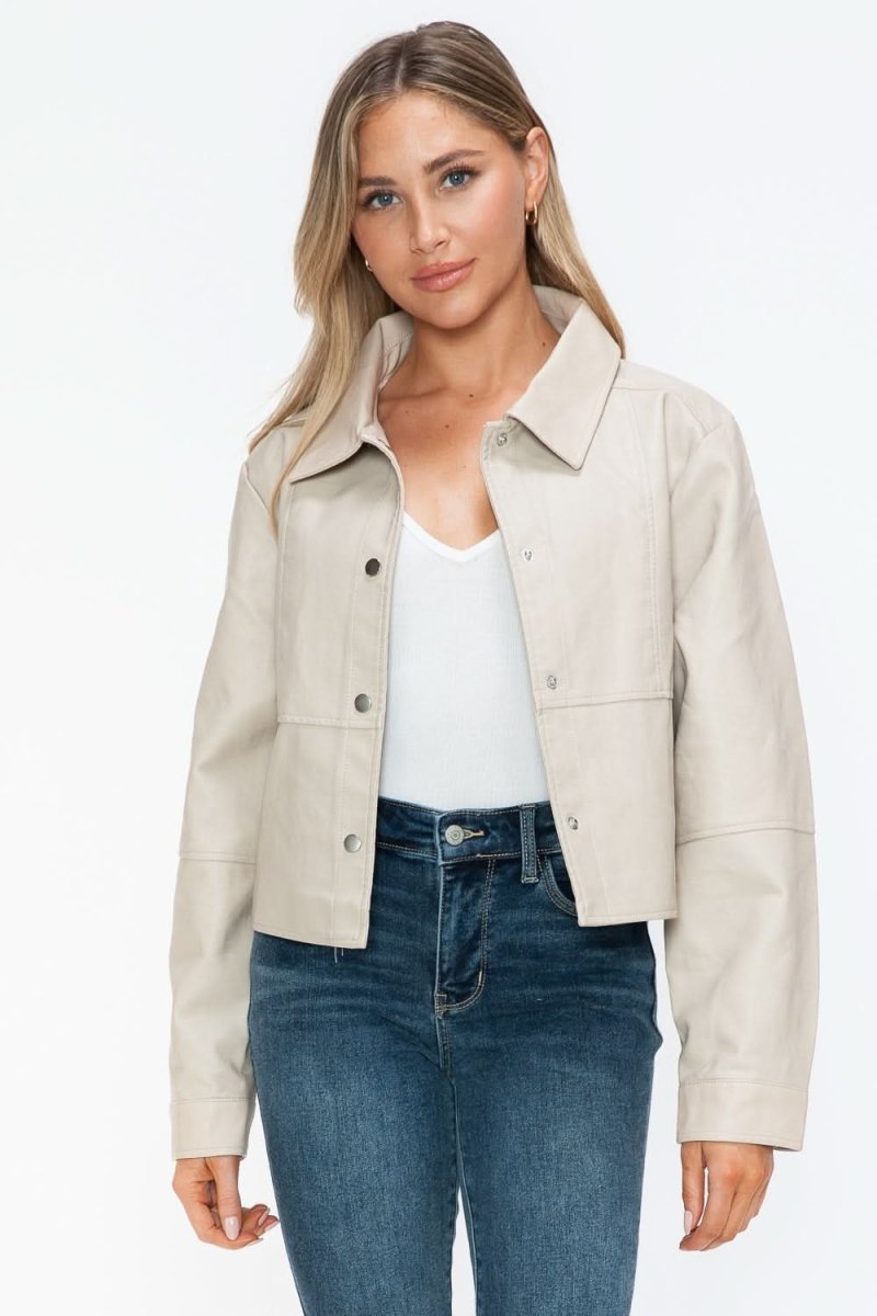 Snobbish Snap Down Long Sleeve PU Leather Jacket - Love Salve 