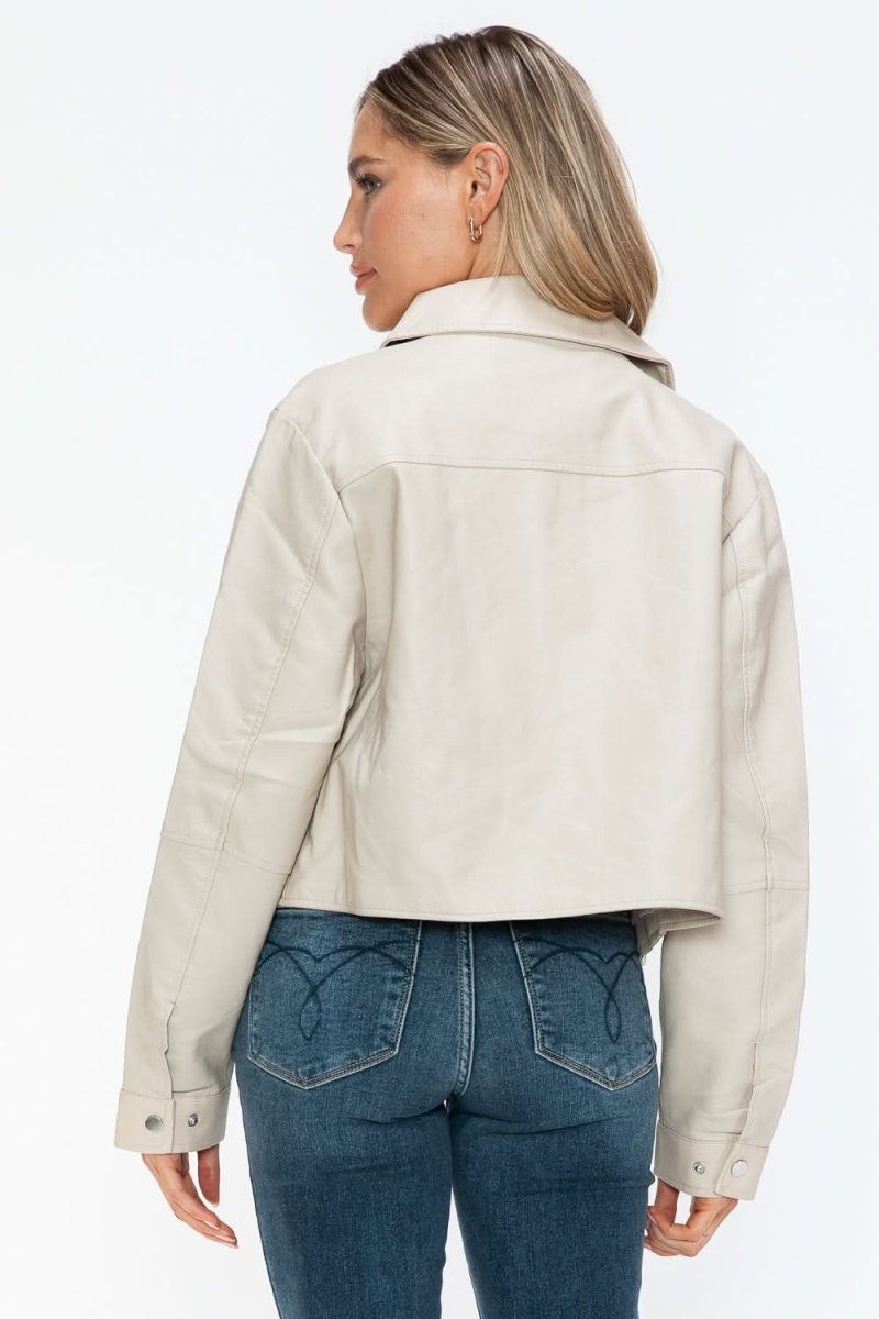 Snobbish Snap Down Long Sleeve PU Leather Jacket - Love Salve 