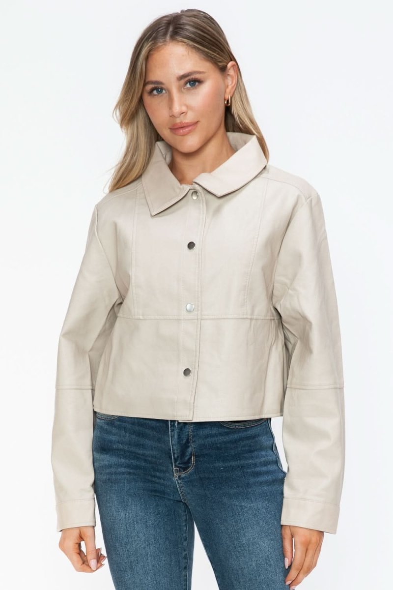 Snobbish Snap Down Long Sleeve PU Leather Jacket - Love Salve 
