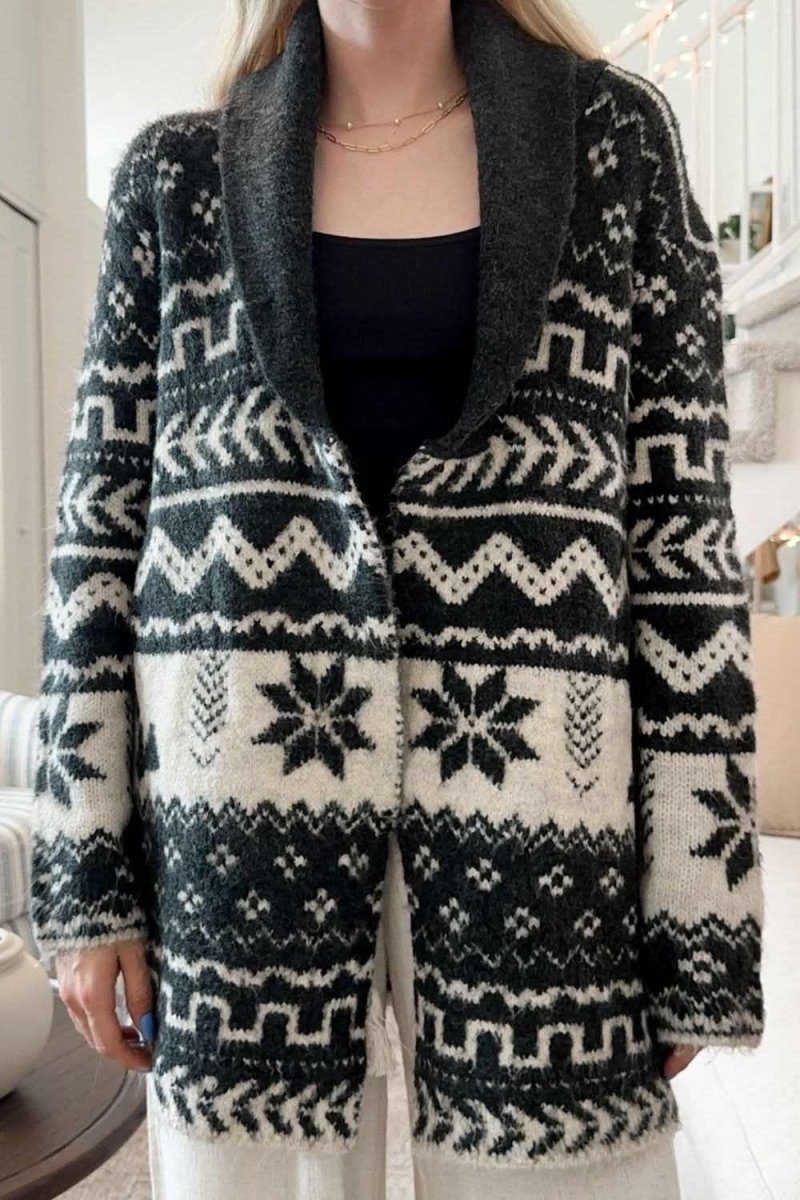 Snowflakes Collared Neck Long Sleeve Cardigan - Love Salve 