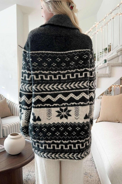 Snowflakes Collared Neck Long Sleeve Cardigan - Love Salve 
