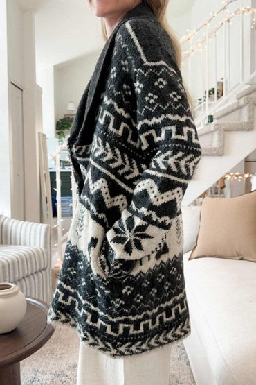 Snowflakes Collared Neck Long Sleeve Cardigan - Love Salve 