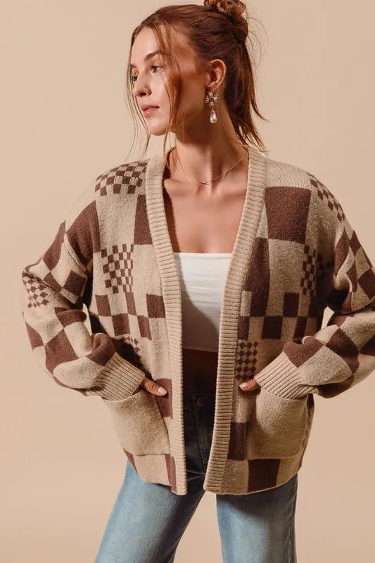 SO ME Checkered Open Front Cardigan with Pockets - Love Salve