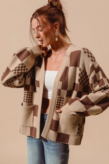 SO ME Checkered Open Front Cardigan with Pockets - Love Salve