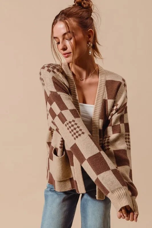 SO ME Checkered Open Front Cardigan with Pockets - Love Salve