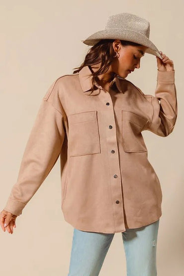 SO ME Faux Sued Snap Shacket with Collar and Pockets - Love Salve