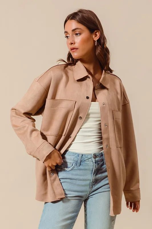 SO ME Faux Sued Snap Shacket with Collar and Pockets - Love Salve