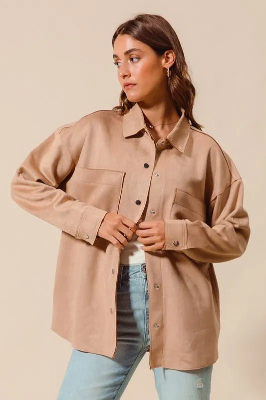 SO ME Faux Sued Snap Shacket with Collar and Pockets - Love Salve