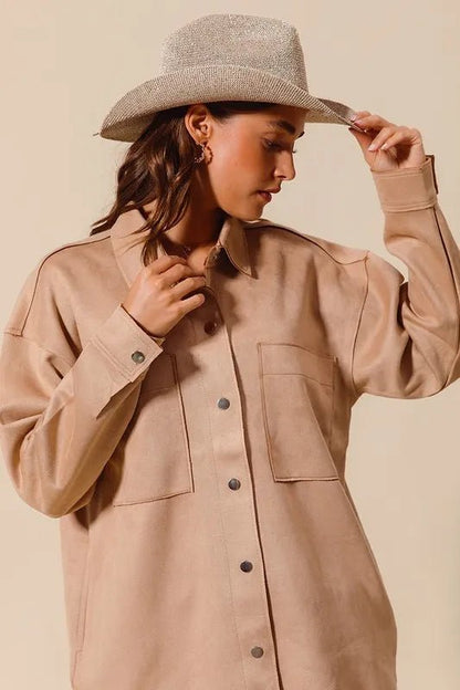 SO ME Faux Sued Snap Shacket with Collar and Pockets - Love Salve