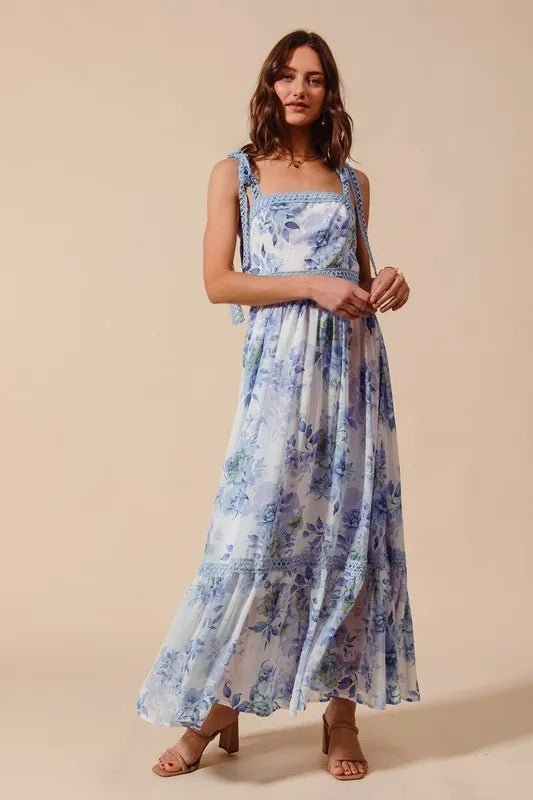 SO ME Floral Print Flowy Maxi Dress with Lace Ribbon Tie - Love Salve