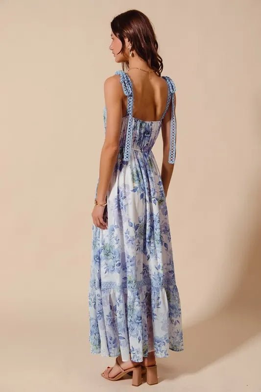 SO ME Floral Print Flowy Maxi Dress with Lace Ribbon Tie - Love Salve