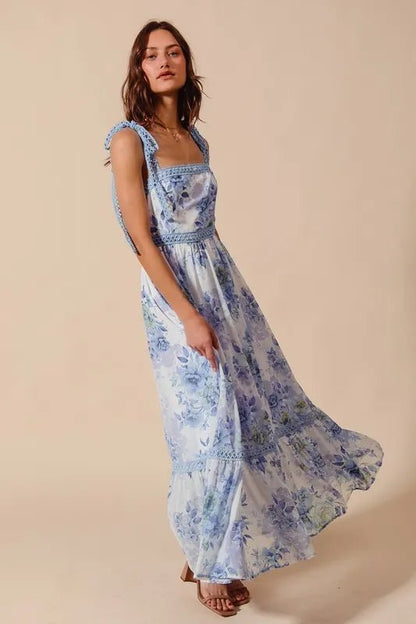 SO ME Floral Print Flowy Maxi Dress with Lace Ribbon Tie - Love Salve