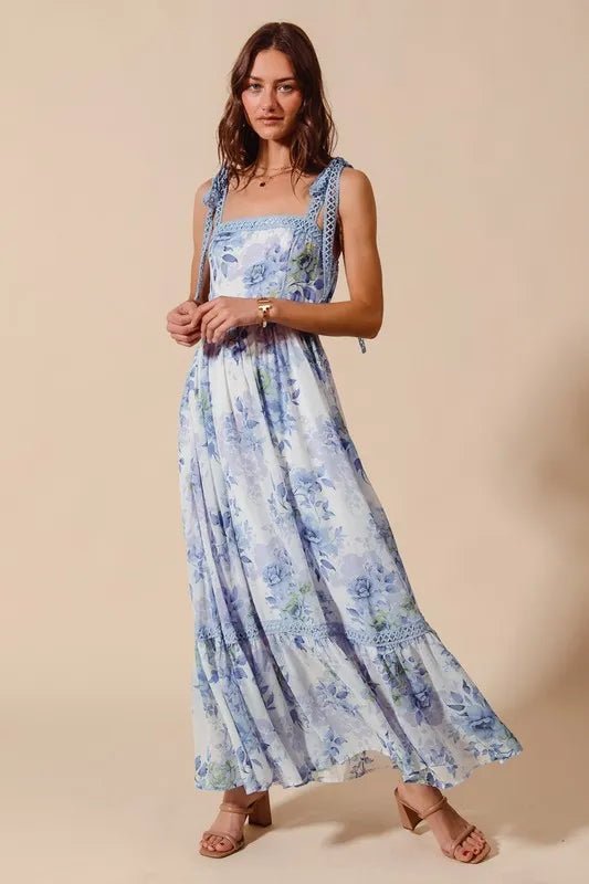 SO ME Floral Print Flowy Maxi Dress with Lace Ribbon Tie - Love Salve