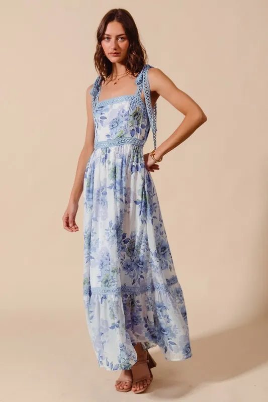 SO ME Floral Print Flowy Maxi Dress with Lace Ribbon Tie - Love Salve