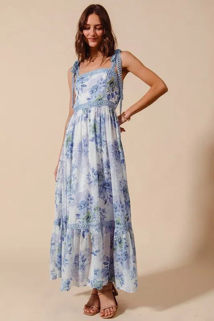 SO ME Floral Print Flowy Maxi Dress with Lace Ribbon Tie - Love Salve