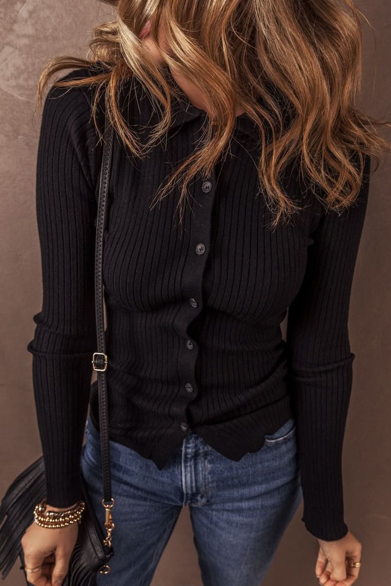 Sophisticated Black Ribbed Knit Collared Cardigan Sweater with Slim Fit - Love Salve 