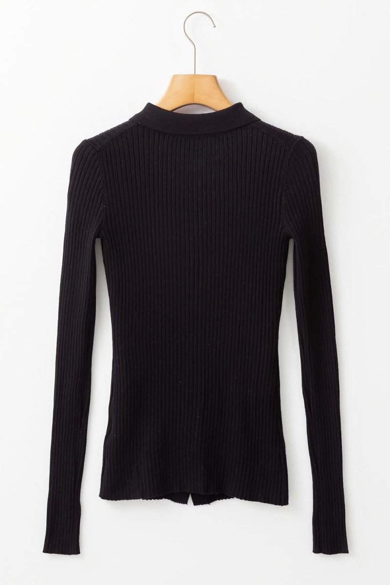 Sophisticated Black Ribbed Knit Collared Cardigan Sweater with Slim Fit - Love Salve 