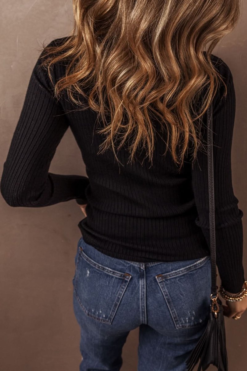 Sophisticated Black Ribbed Knit Collared Cardigan Sweater with Slim Fit - Love Salve 