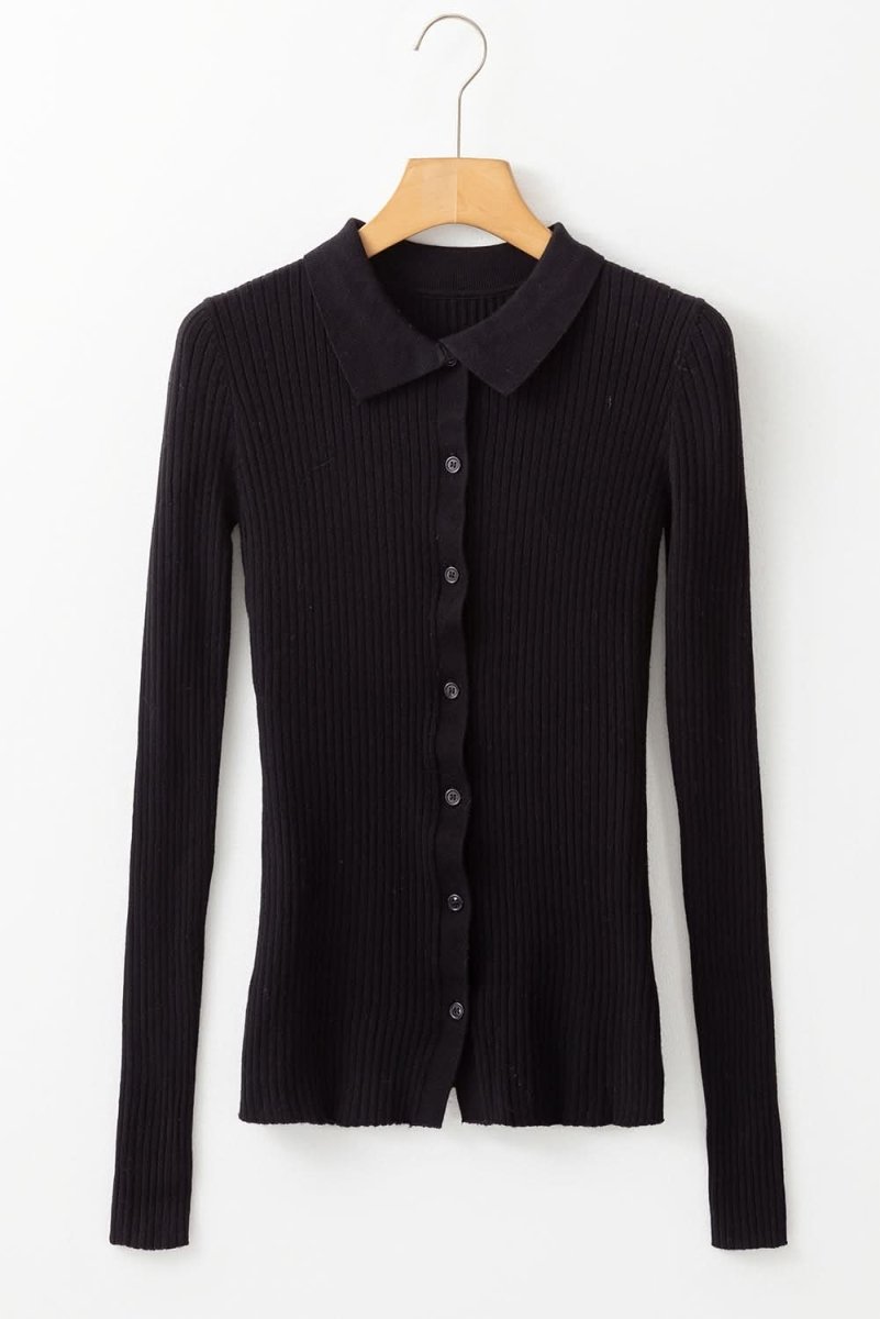 Sophisticated Black Ribbed Knit Collared Cardigan Sweater with Slim Fit - Love Salve 