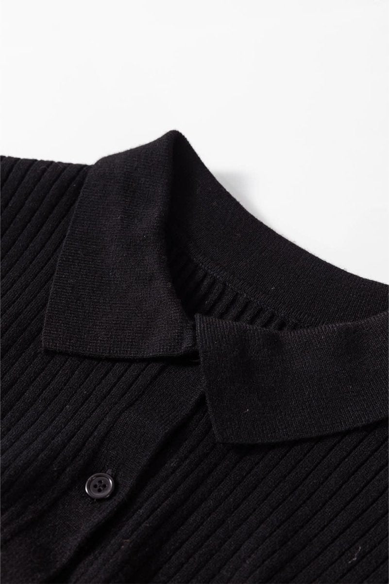 Sophisticated Black Ribbed Knit Collared Cardigan Sweater with Slim Fit - Love Salve 