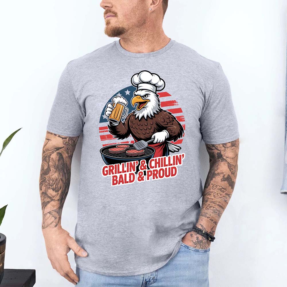 Grillin’ & Chillin’, Bald & Proud T-Shirt – Patriotic Bald Eagle BBQ Vintage Tee Adorb.co