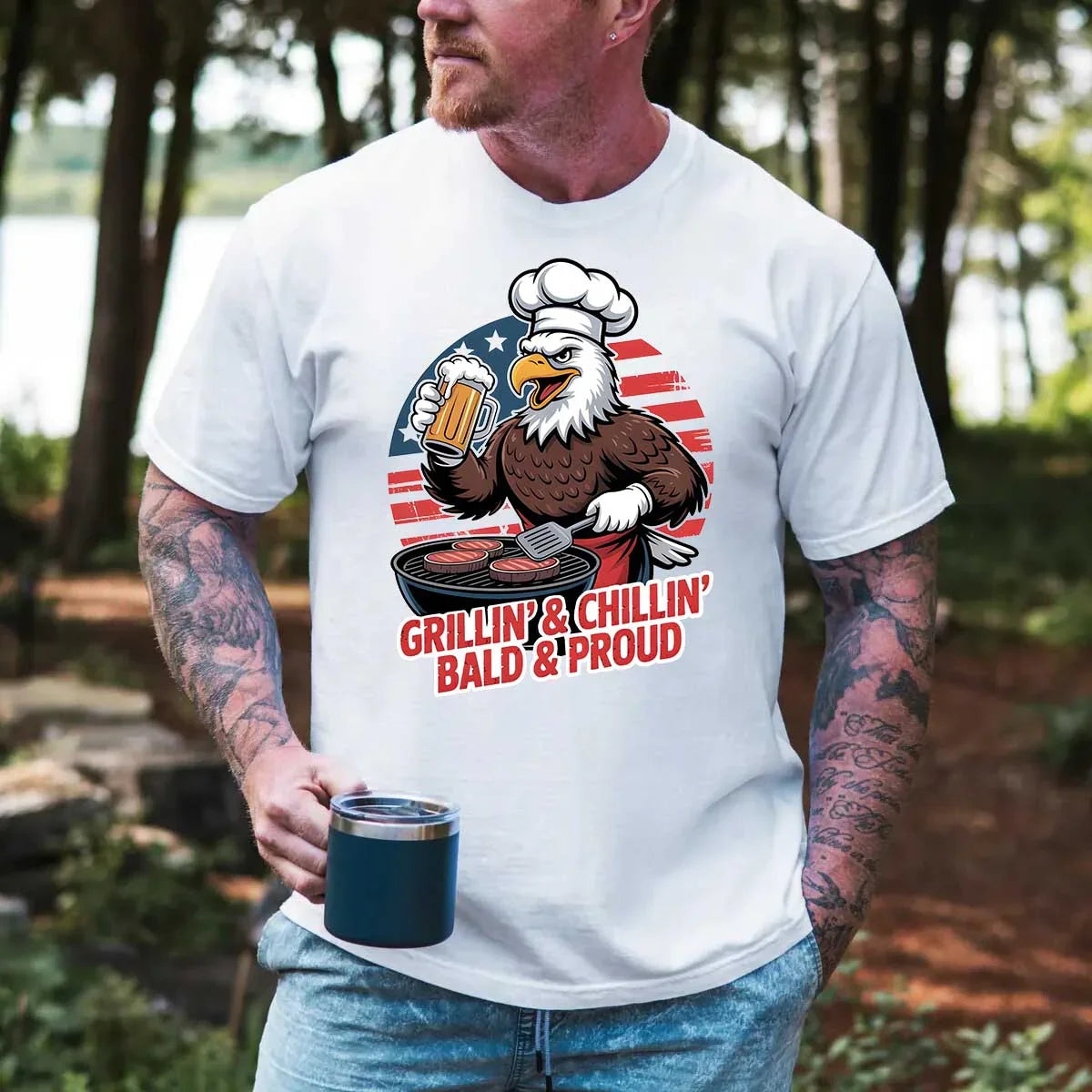 Adorb.co Grillin’ & Chillin’ Bald & Proud T-Shirt in navy blue, a stylish alternative for this men's patriotic BBQ shirt.