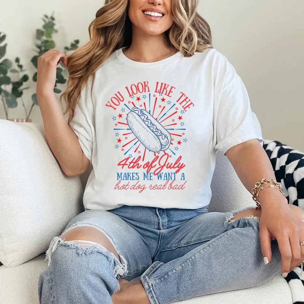 Back view of the Adorb.co 4th of July Hot Dog shirt showing the classic, comfortable fit of this novelty graphic tee.