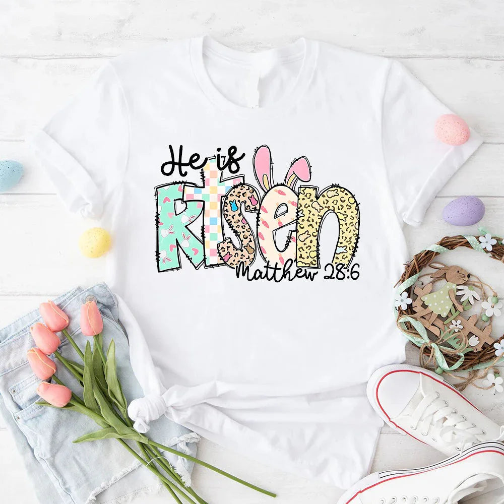 Adorb.co He is Risen Easter Inspirational Tee, front view highlighting the unique graphic print and soft material for faith a