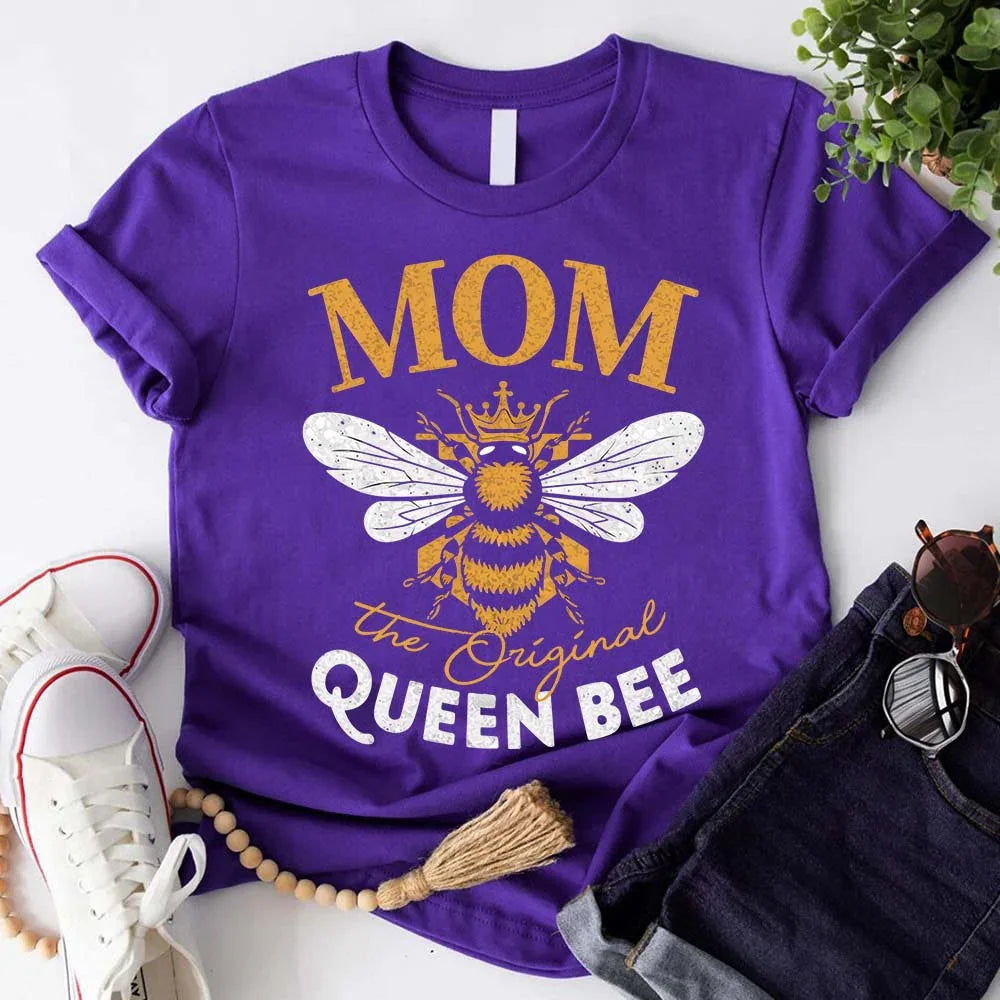 Close-up of the Adorb.co Mom, The Original Queen Bee Shirt graphic, highlighting the detailed bee and crown design. A fun gif