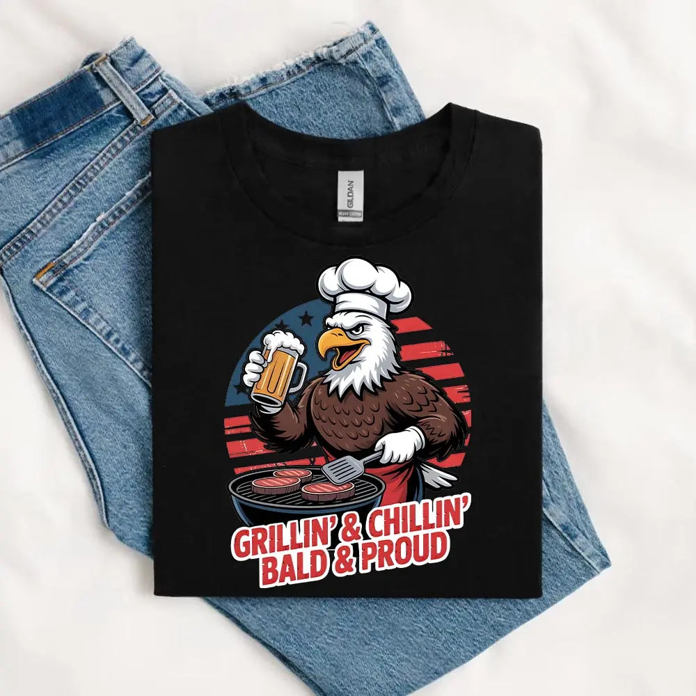 Grillin’ & Chillin’, Bald & Proud T-Shirt – Patriotic Bald Eagle BBQ Vintage Tee Adorb.co