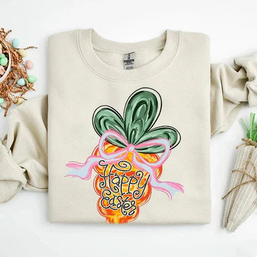 Adorb.co Happy Easter Carrot Coquette Sweatshirt, highlighting the premium fabric texture and quality craftsmanship for endur
