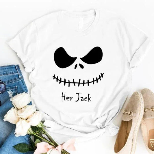 Adorb Custom Tees' The Jack & The Sally Couples Halloween Tee set shown on a flat-lay with both black shirts visible.