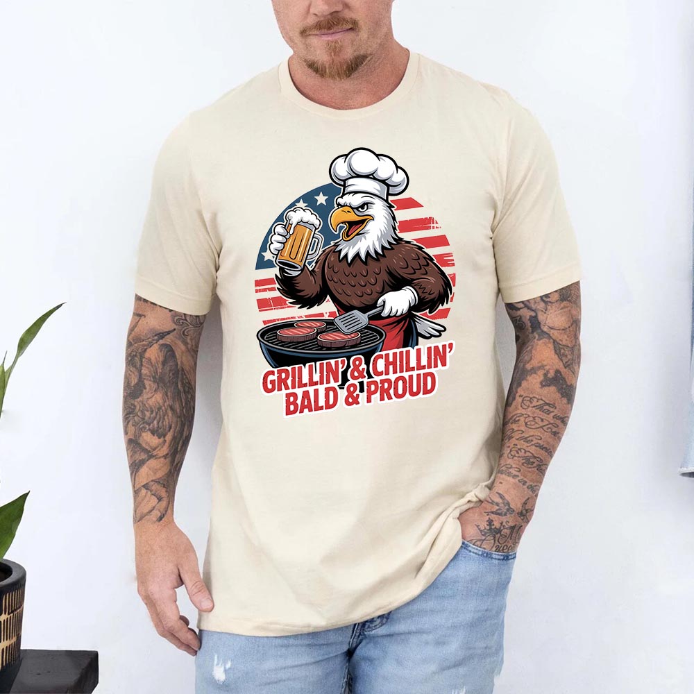 Grillin’ & Chillin’, Bald & Proud T-Shirt – Patriotic Bald Eagle BBQ Vintage Tee Adorb.co